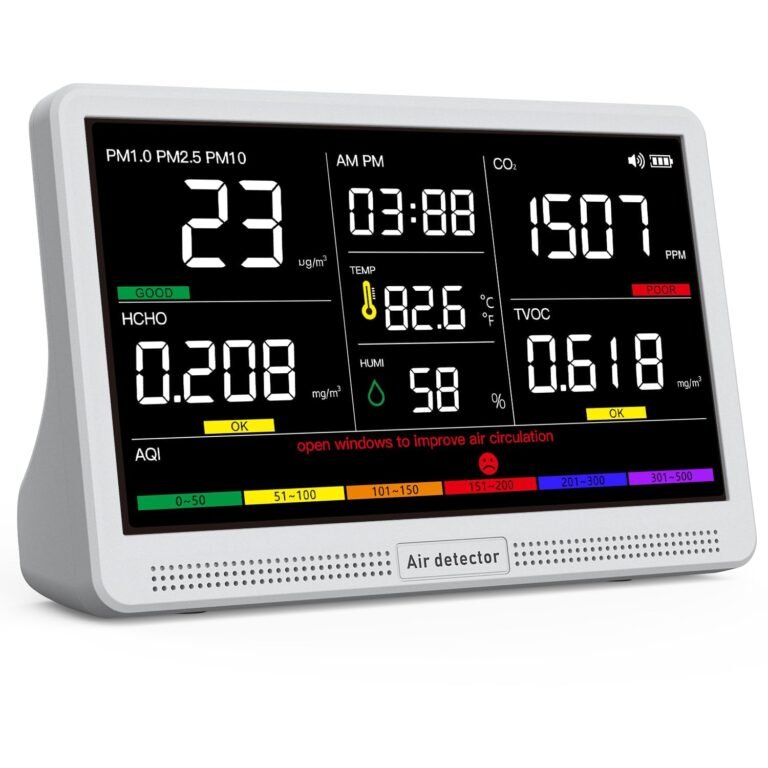 16 in 1 Air Quality Monitor Indoor 7″ Large Display 9 AQI+7 Alerts, Wildfire CO2 Monitor Air Quality Tester for CO2, TVOC, PM2.5 PM1.0 PM10, HCHO Temperature Humidity AQI & Time Air Meter for Home