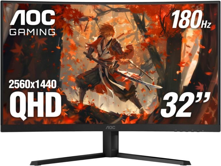 AOC 32 Inch Curved Gaming Monitor 2K QHD 180Hz VA 0.5ms HDR, CQ32G4VE | 2560×1440 Computer Monitor, Adaptive-Sync, DP 1.4, HDMI 2.0, Earphone Out, VESA Mount, Console Ready, 3-Year Zero-Bright-Dot