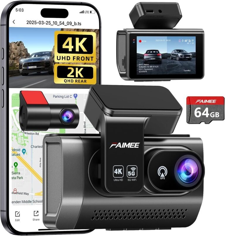 FAIMEE 4K Dash Cam Front and Rear, Night Vision with WDR with Memory Card | 2K Rear Dash Camera for Cars, 170° Wide Angle, 5.8G/2.4G Wi-Fi, Built-in GPS, G-Sensor Emergency Lock, 24H Parking Monitor